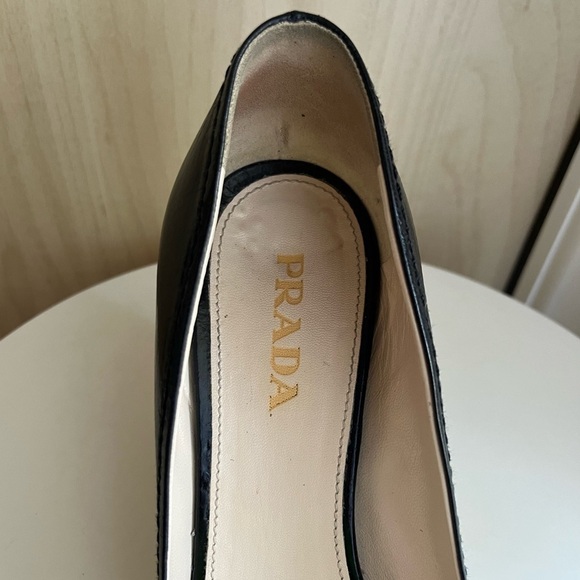 Prada Black Leather Peeptoe Heels with Brown Leather Wedge - Picture 6 of 10